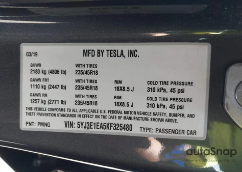 2019 Tesla Model 3 Long Range/Mid Range/Standard Range/Standard Range Plus from USA, damaged, VIN 5YJ3E1EA5KF325480